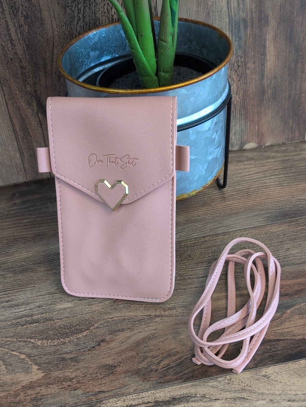 Pink Crossbody Phone Pouch with Heart Accent "Own That Sh!t" Saying NIP - Picture 1 of 4